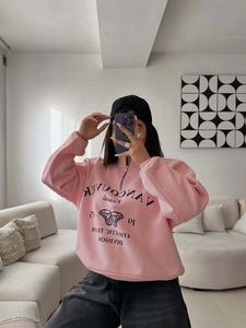 Sweat rose oversize à demi-zip avec imprimé papillon et broderie style décontracté