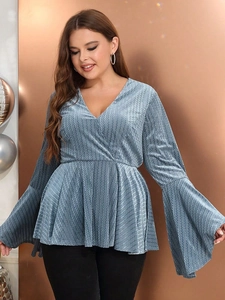 Plus Size Women V Neck Flare Long Sleeve Top Metallic Wavy Texture Peplum Hem Elegant Slimming Blouse Shirt