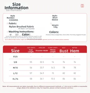 Detailed size guide table for women's brushed yoga set featuring short sleeve sports tops