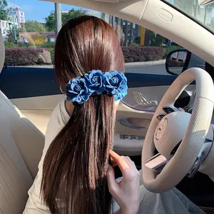 Vintage denim blue fabric triple rose flower hair clip for elegant hair styling