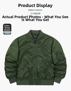 Detailed front view of military green MA-1 bomber jacket with ribbed cuffs and utility pocket