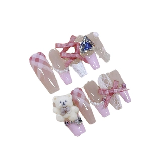 Handmade long ballet press-on nails in pink and white with 3D bears and bows