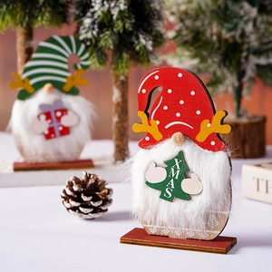 Christmas gnome wooden tabletop decor with red polka dot and green striped hats