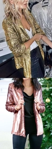 Detailed view of high-density sequin fabric on gold and rose gold blazer jackets