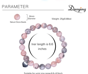 Detailed parameter display of 8mm pink zebra stone beaded bracelet with heart pendant