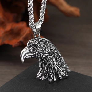 Vintage silver-tone eagle head pendant necklace with stainless steel Cuban chain link