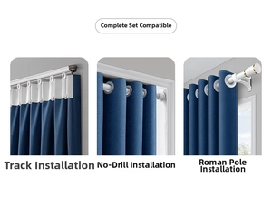 Three curtain hanging options: track hooks, tension rod pocket, and metal grommet rings