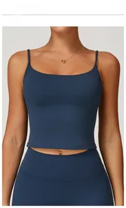 Front view of Badge Blue brushed yoga vest with double straps and square neckline detail