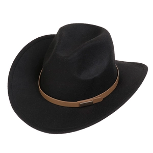 Detail of a black felt cowboy hat featuring a brown faux leather band and metal buckle