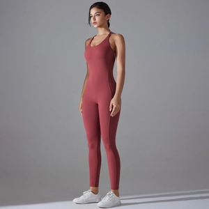 Detail of red sleeveless unitard with racerback design and high elasticity fabric