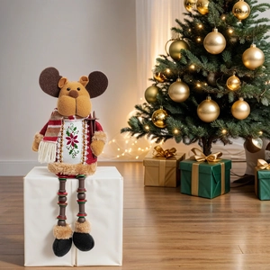 Detailed plush reindeer doll with long beaded legs and festive scarf for Christmas decor