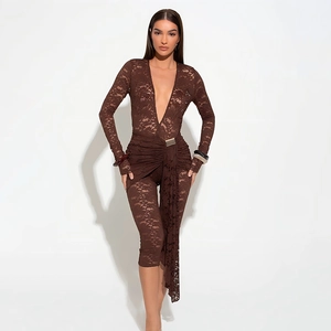 Detailed view of dark brown lace bodysuit with deep V-neck and elegant side drape fabric