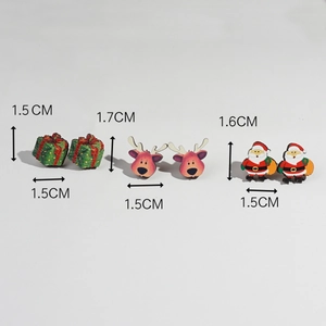 Christmas stud earring set showing elk, gift box, and Santa Claus with size dimensions