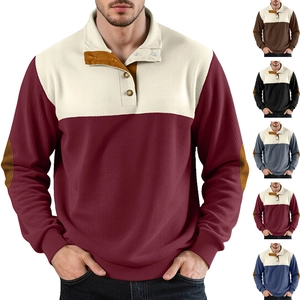 Men Corduroy Color Block Sweatshirt Button Lapel Long Sleeve Pullover With Elbow Patches Casual Urban Fashion Tops