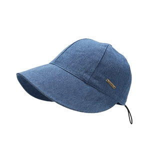 Washed dark blue denim sun hat with wide brim and adjustable drawstring closure