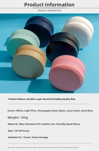 Compact 2-layer round jewelry travel case in multiple colors with internal storage details
