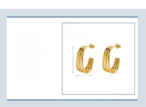 Detail view of 18K gold plated stainless steel triple layered C-shape stud earrings