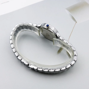 Detailed side view of silver stainless steel ladies watch with blue gemstone crown detail
