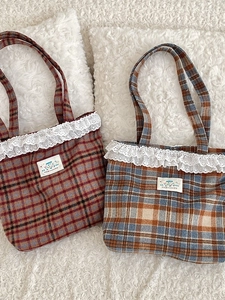 Vintage plaid tote bag with white lace trim and happy patch on wool-like fabric