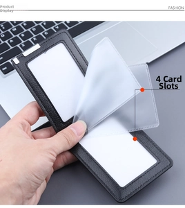 Detail showing the thin black leather card holder with 4 interior slots and pebble texture