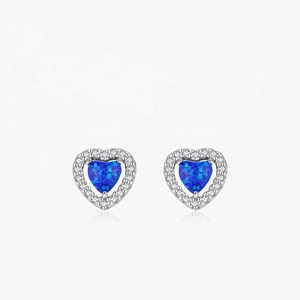 Boucles D'oreilles Puces En Argent 925 Opale Coeur Bleue Halo Zircon Blanc Bijoux Élégants Femmes