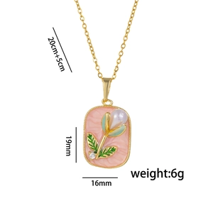 Golden tulip enamel flower pendant necklace with pink background and pearl details