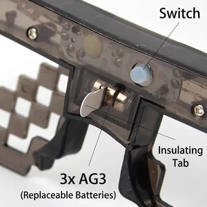 Macro view of pixel sunglasses frame showing battery compartment and AG3 button cells
