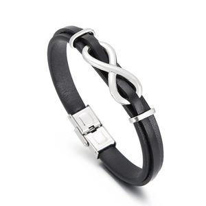 Men's black braided leather infinity bracelet with polished stainless steel clasp