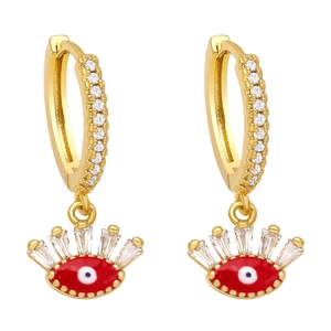 Gold Evil Eye earrings with red enamel eye and sparkling rectangular zircon lashes