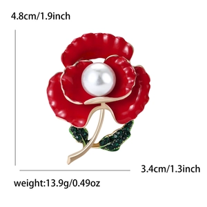 Elegant red enamel pansy flower brooch with gold frame, pearl center, and rhinestones