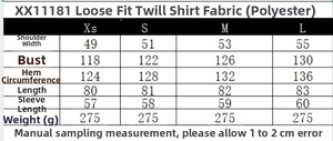 Tableau des tailles pour chemise en popeline ample XX11181 de la taille XS à L
