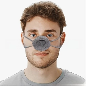 Detail of dark grey hand-knitted nose warmer with ear loops shown on male model face