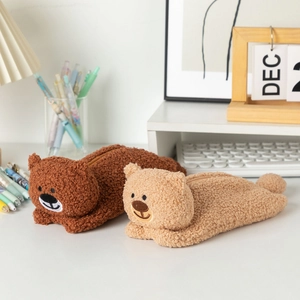 Detailed plush texture and embroidery on cute bear pencil case set for desk storage