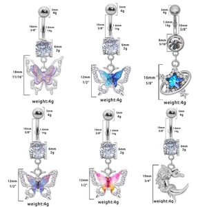 Détails macro de 6 piercings de nombril avec papillon, étoile, lune et tailles 14G
