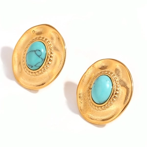 Retro hollow geometric 18K gold plated hoop earrings with turquoise stones and hammered metal