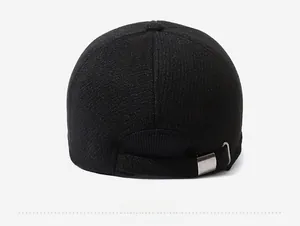 Rear view of black winter baseball cap with textured fabric and metal buckle strap