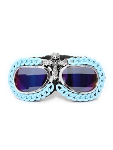 Steampunk goggles with blue plastic chain detail and silver skull carving on metallic frame
