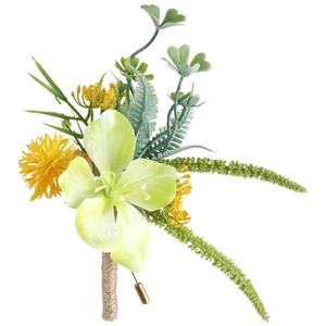 Wedding boutonniere with green orchid and yellow chrysanthemum tied in hemp rope