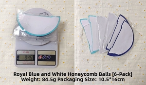 Detailed view of blue and white paper honeycomb balls set with weighing scale dimensions