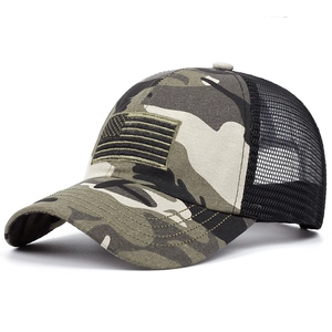 Tactical camouflage baseball cap with breathable mesh and American flag patch