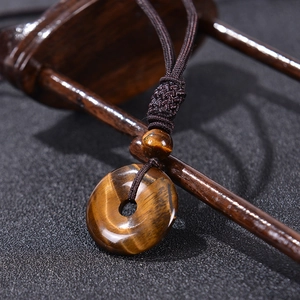 Vintage Tiger Eye stone donut pendant necklace with brown adjustable woven cord
