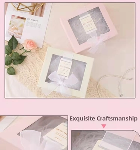 Detail of square gift box with transparent window, organza bow and Best Wishes tag