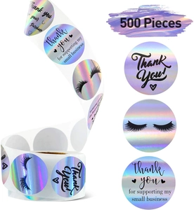 Detail of 500 holographic silver thank you stickers with eyelash designs for packaging