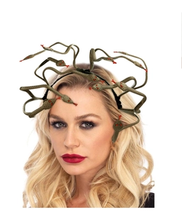 Close-up of bronze-green Medusa snake headband on model for Halloween cosplay