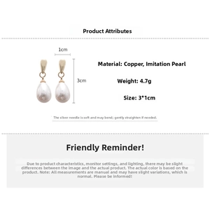 Detailed view of teardrop pearl earrings showing 3x1cm size and 4.7g weight parameters