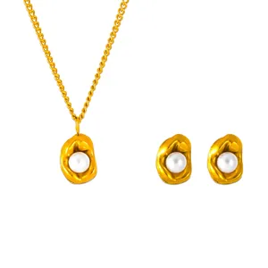 Pea Artificial Pearl Necklace And Earrings For Women Stainless Steel 18K Gold Plated French Minimalist Jewelry