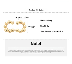 Detailed specs of C-shaped gold-tone alloy ear cuffs with faux pearl bead texture