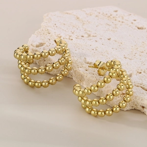 Chic golden triple-layered stainless steel bead hoop earrings for women on stone base