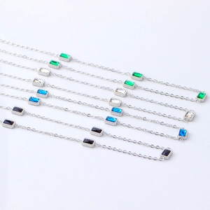 Silver stainless steel necklace with rectangular zircon stones in green blue and black