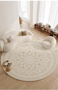 Top view of a round beige mandala rug placed in a cozy Nordic style living room setup